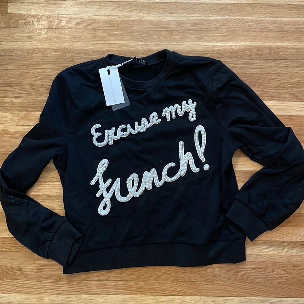 NWT Endless Rose “Excuse my French” Pearl Embellished Black Sweatshirt